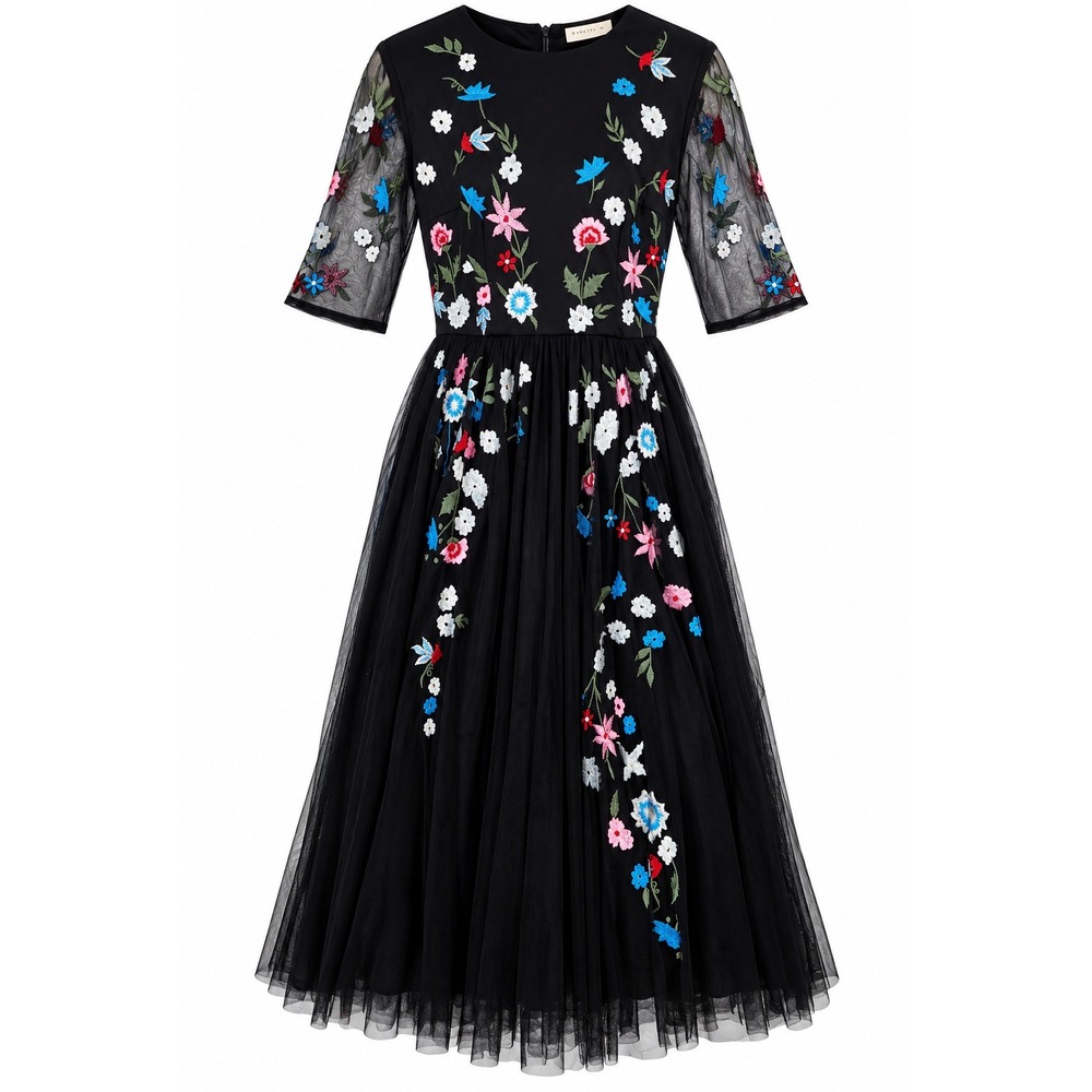 Wayward Fancies eShakti S-6 Black Floral Embroidered Tulle Midi Dress